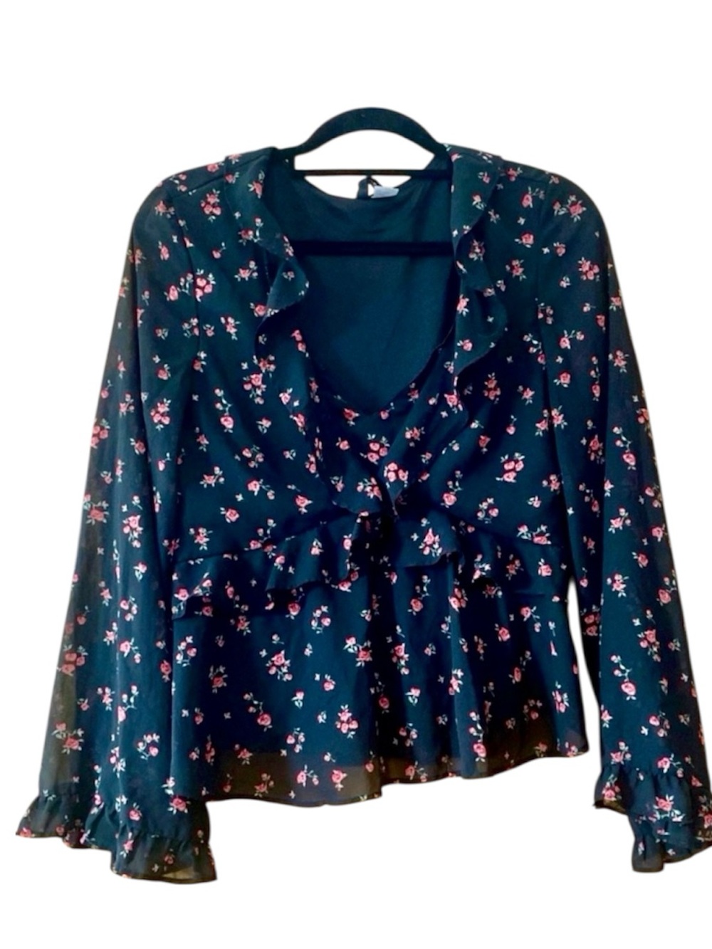 H&M Sheer Floral Tie Front Peplum Blouse Black Pink Ruffle Long Sleeve M
